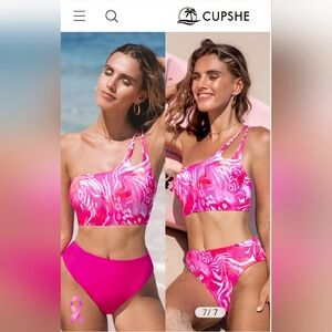 CUPSHE Pink One-Shoulder Bikini Set With Reversible Bottoms Size Medium NWT